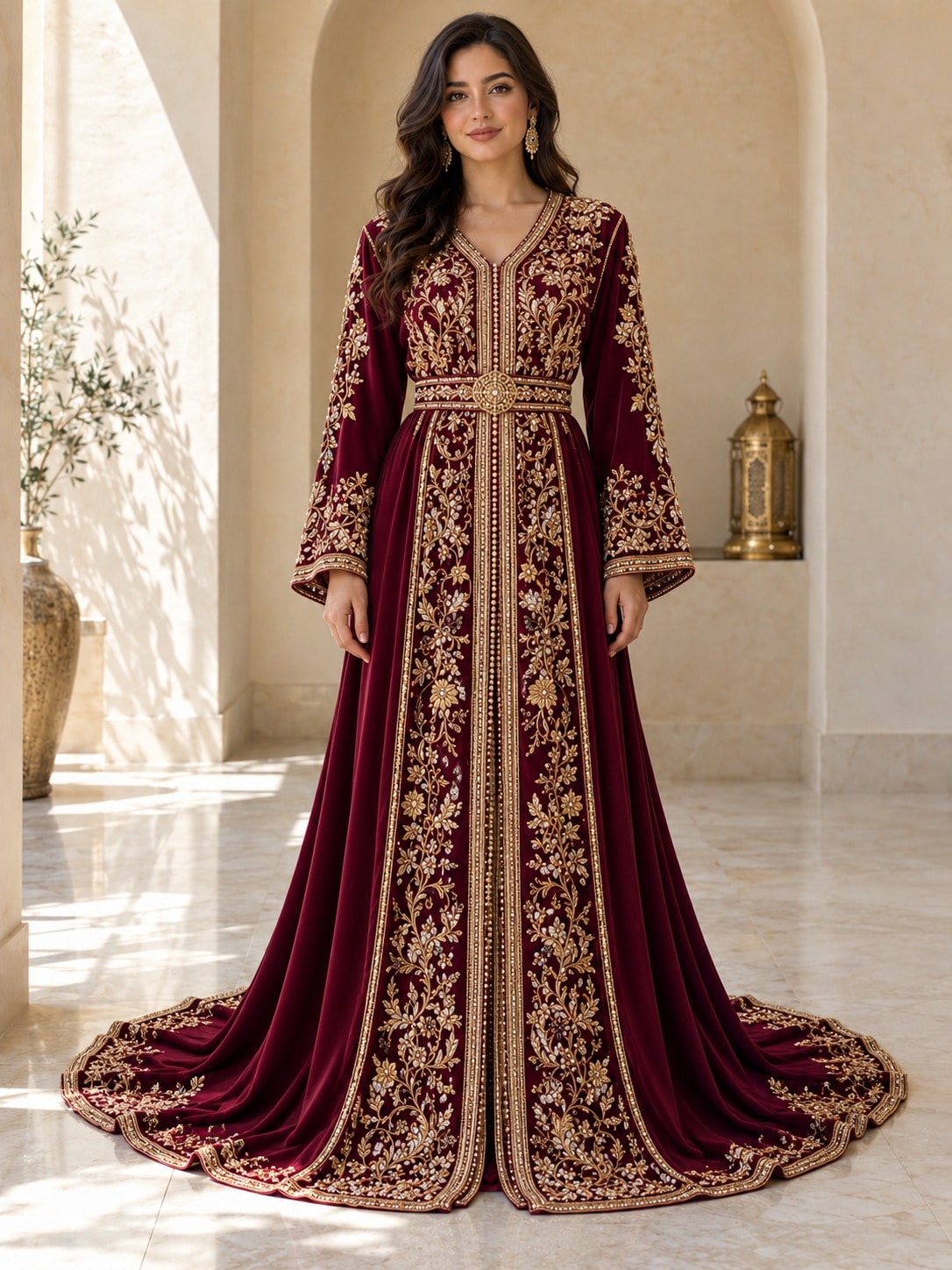Grenat Majesté, a deep burgundy caftan with dense gold thread work, full length