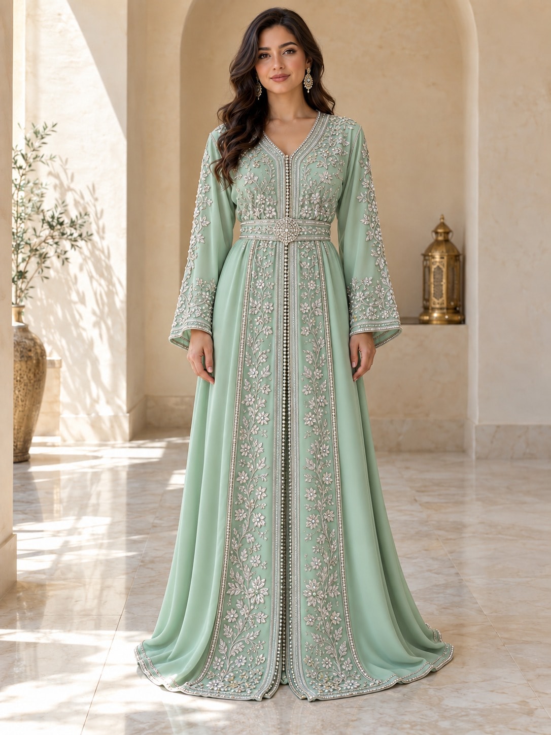 Jardin de Fès, a mint green caftan with silver thread embroidery, full length