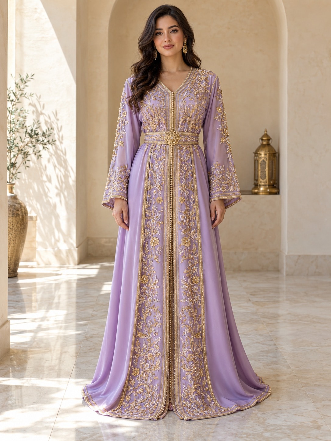 Lila Royale, a lilac silk caftan with gold sffa embroidery, full length