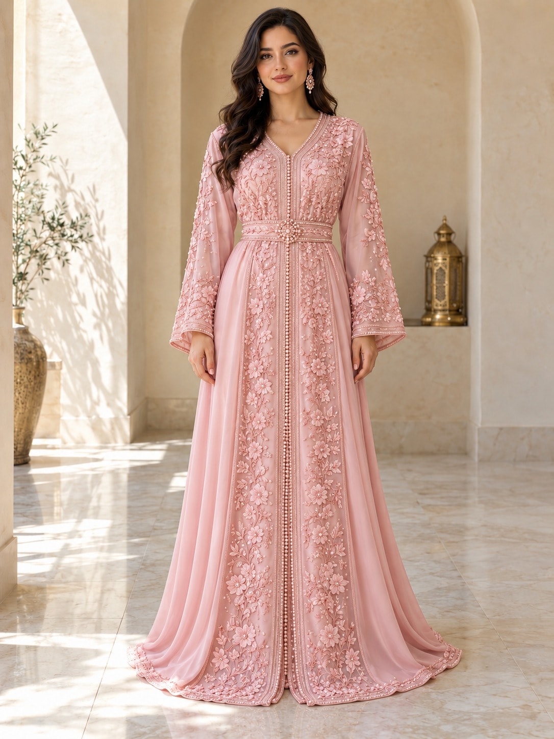Rose Impériale, a blush pink caftan with tonal floral embroidery, full length