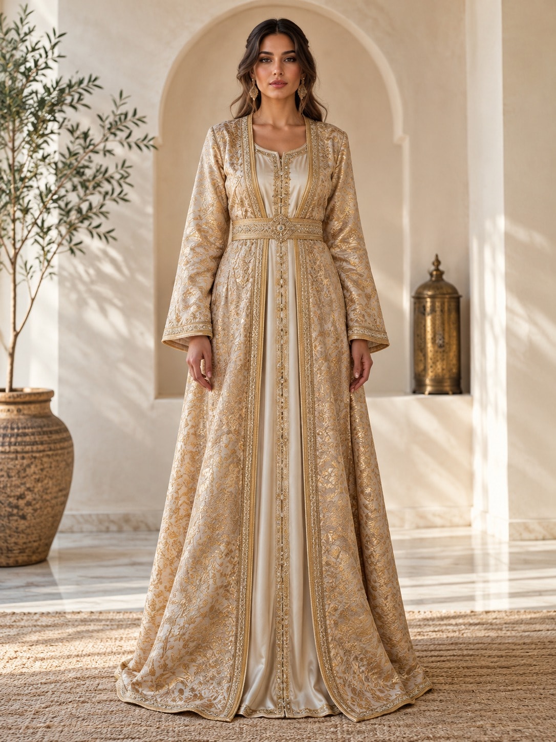 Sable d'Orient, a sand and gold brocade takchita with crystal buttons, full length