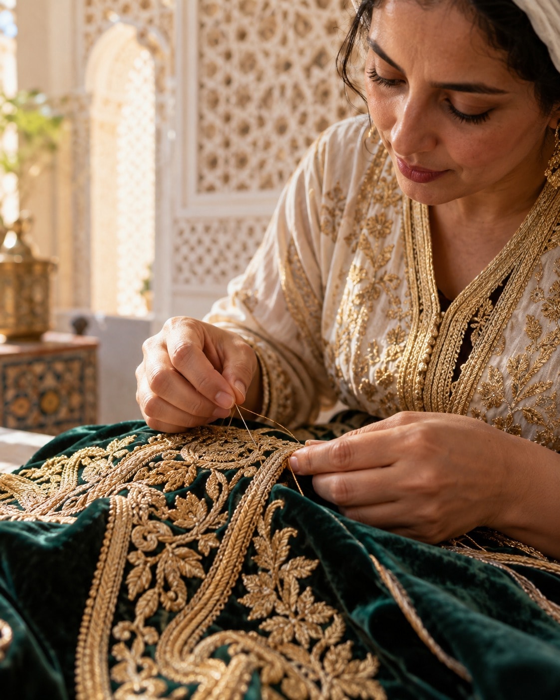 Un artisan finalise à la main la broderie sffa dorée sur un caftan