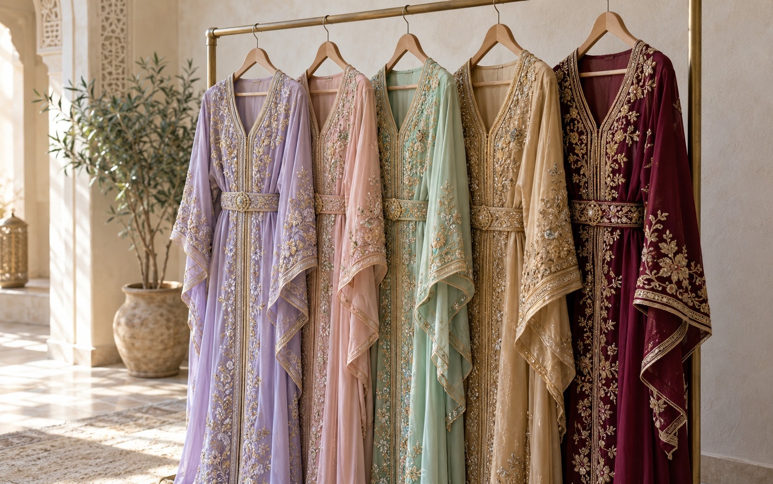 Un portant de caftans finis en lilas, rose poudré, menthe, sable et bordeaux